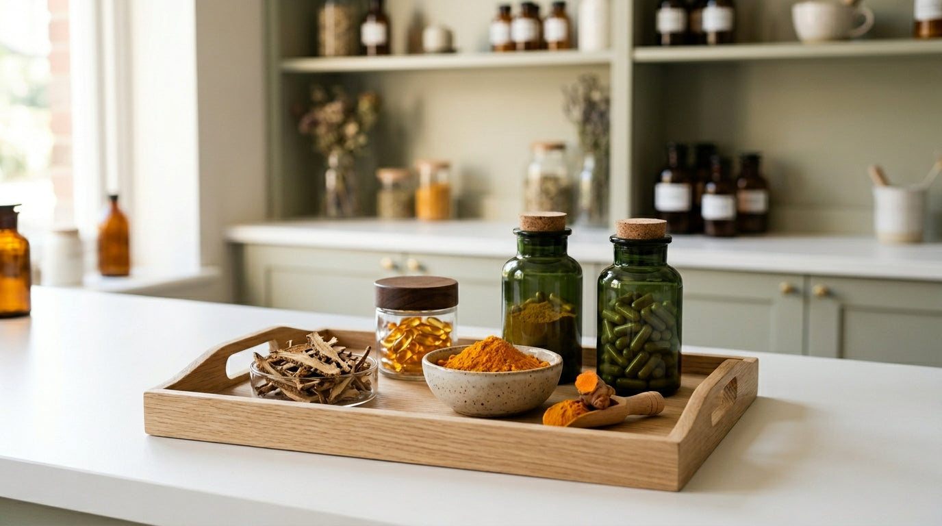 Présentoir d'anti-inflammatoires naturels en pharmacie : curcuma, harpagophytum et oméga-3 contre les douleurs articulaires