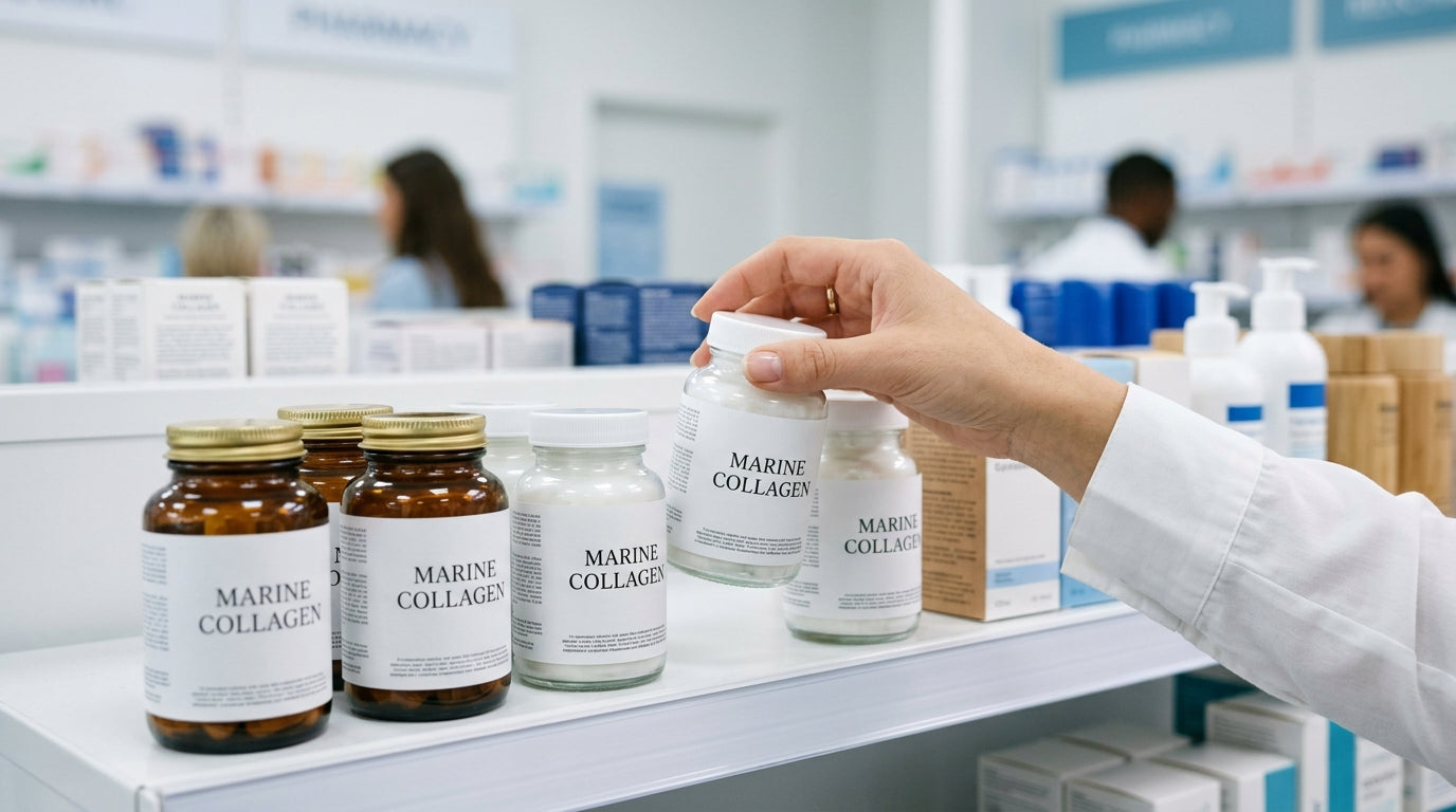 Pots de collagène marin sur un rayon de pharmacie, complément alimentaire à choisir selon la dose et le poids moléculaire
