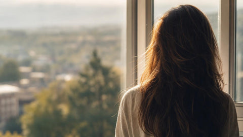 Femme de dos à la fenêtre, longs cheveux dans la lumière, gélules pour la pousse
