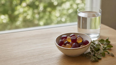 Bol de gummies sommeil à la mélatonine posé près d'un verre d'eau sur une table en bois clair