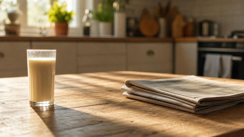 Verre de collagène dilué sur une table de cuisine au soleil du matin